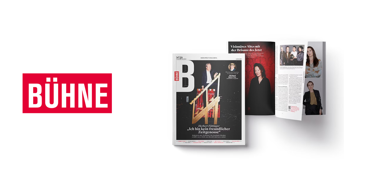 Logo der Zeitschrift BÜHNE neben aufgeschlagenem Magazin mit Theaterbeiträgen.