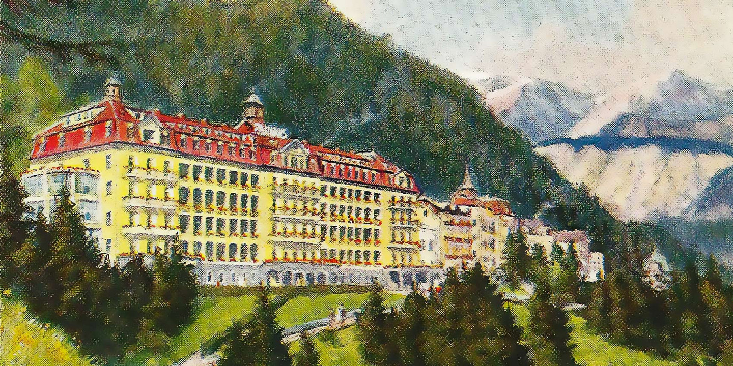Historisch anmutendes Plakat des Grandhotels Panhans in Semmering vor bewaldeter Bergkulisse und Alpenpanorama.