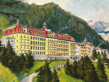 Historisch anmutendes Plakat des Grandhotels Panhans in Semmering vor bewaldeter Bergkulisse und Alpenpanorama.