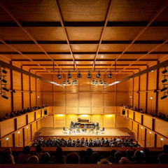 Moderner Konzertsaal des Lisztzentrums Raiding mit Holzverkleidung und Publikum