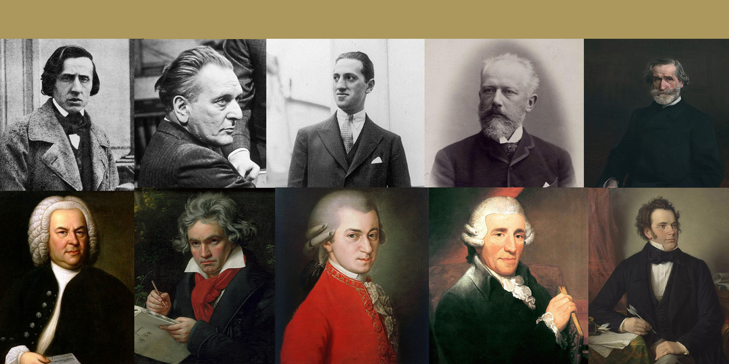 Collage mit Porträts berühmter klassischer Komponisten aus verschiedenen Epochen.