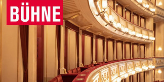 Blick in prunkvollen Theaterraum mit Logen und Logo der Zeitschrift BÜHNE.