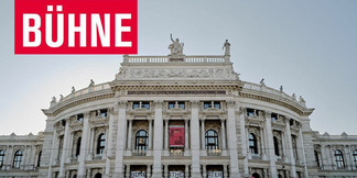 Außenansicht des Burgtheaters in Wien mit BÜHNE-Logo oben links.