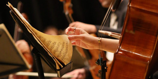 Musikerin blättert Notenblatt während eines Streichkonzerts um.