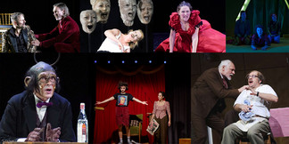 Collage verschiedener Theaterszenen mit Schauspieler:innen in ausdrucksstarken Momenten