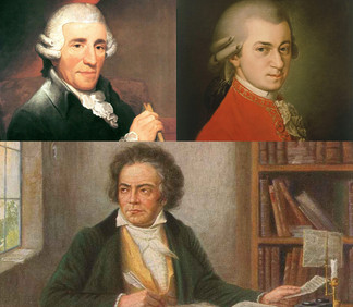 Collage mit Porträts berühmter klassischer Komponisten.