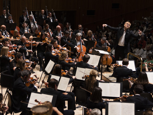 Großes Sinfonieorchester mit Dirigent in Aktion vor vollbesetztem Konzertsaal.